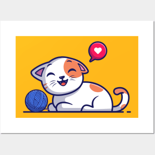 Cute cat playing with yarn ball cartoon Posters and Art